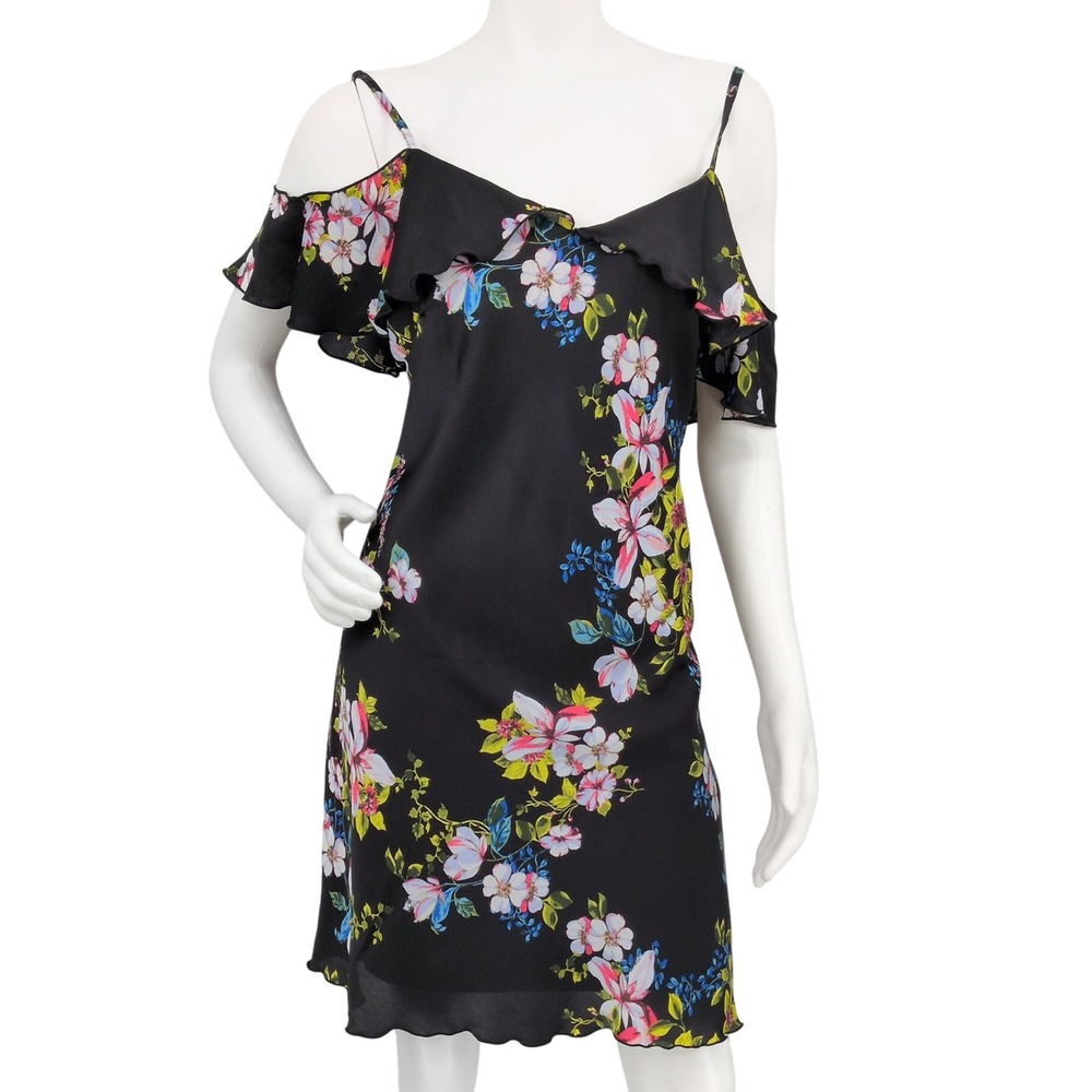 bebe Floral Mini Slip Dress Y2K Whimsigoth Party Cold Shoulder Ruffle USA Large